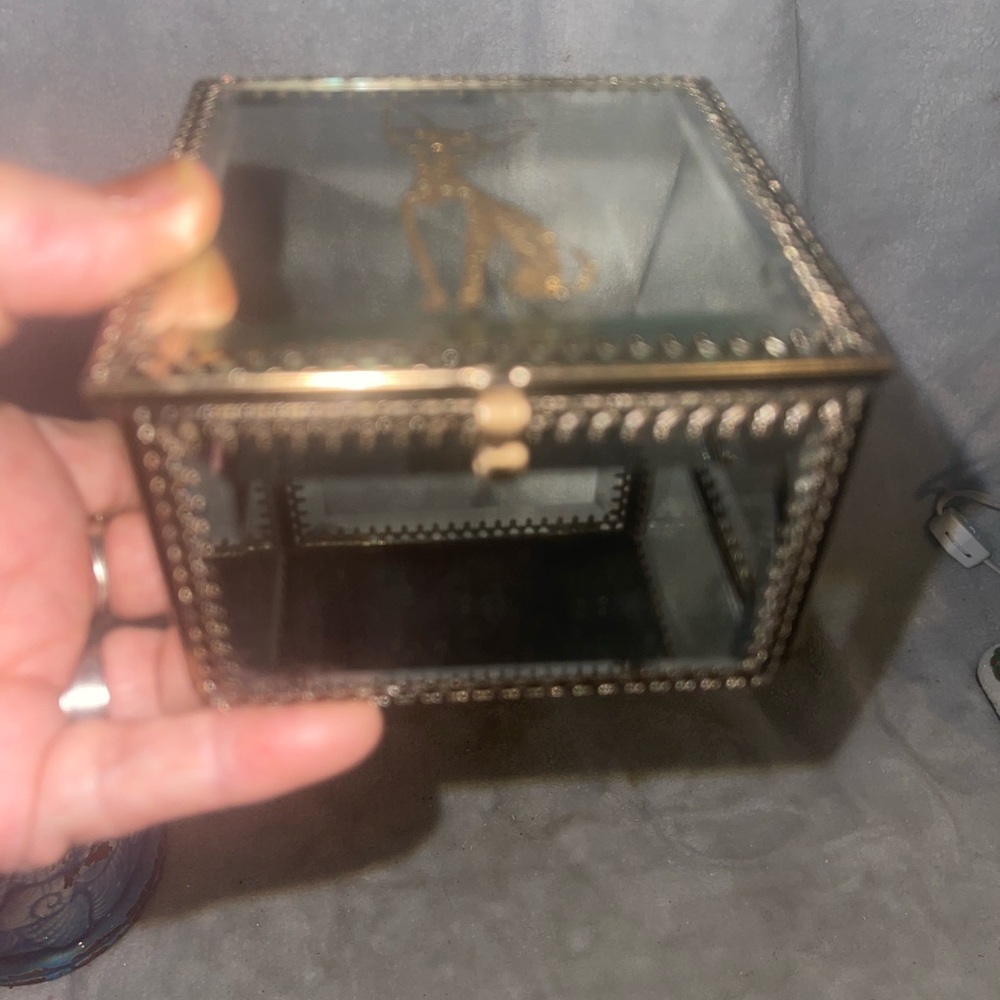 Vtg Elegant Glass Jewelry Box casket with Gold accents. Top has a PHAT cat